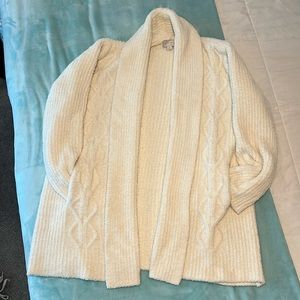 EUC barefoot dreams cozy chic cream shawl neck cardigan with cable detail size L